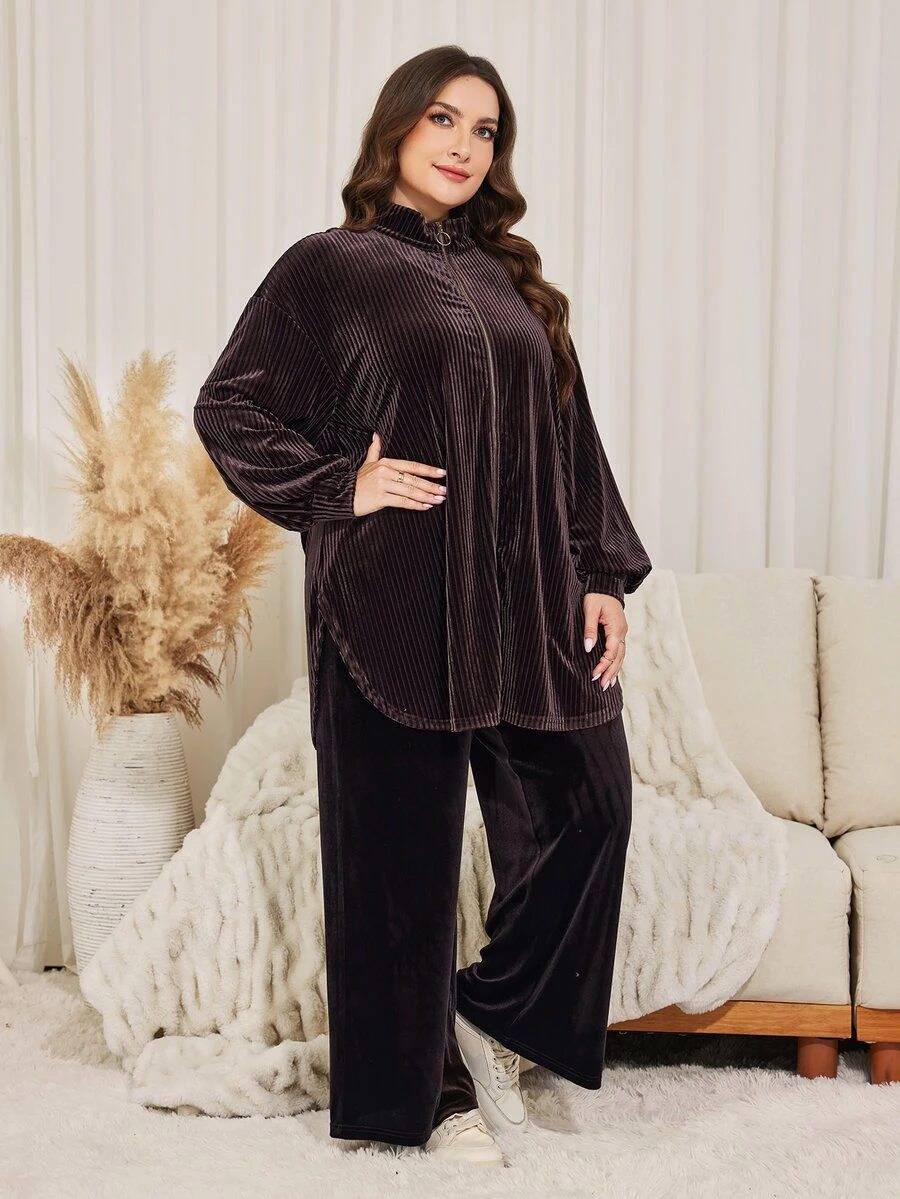 Lacomfia Women's Velvet Loose Elegant Versatile Autumn/Winter Coffee Color Plus Size 2 Pieces Set - Coffee Brown - View 1