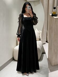 Modelyn Women's Black Velvet Knit Computer Rhinestone Lace Long Sleeve Cinched Waist A-Line Elegant Romantic Long Dress - Black - View 7