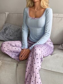 Livesso طقم بيجامة نسائي بقمة بأكمام طويلة مزينة بفيونكة من الدانتيل المتباين وبنطال طويل - الأرجواني - مشاهدة 4