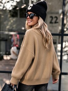 Balvessa Women's Autumn/Winter Button Design Dropped Shoulder Long Sleeve Knit Cardigan - Khaki - View 2