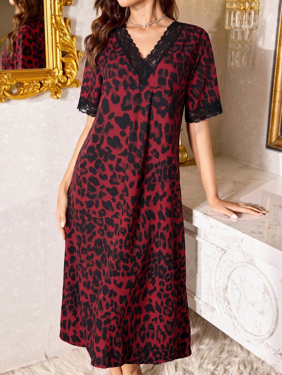 LuxeNights V-Neck Contrast Lace Leopard Print Short Sleeve Women Nightgown, Moo Moo - Red - View 1