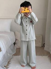 Dazy Kids Young Boy Button Long Sleeve Top And Striped Long Pants Loungewear Set - Teal Blue - View 5
