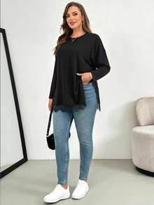 Shapeblank Women's Plus-Size Black Long-Sleeve T-Shirt – Stylish, Casual, Loose & Comfortable – Lace-Trim Hem – Autumn Everyday Wear,Going Out Tops.Fall Outfits - Black - View 5