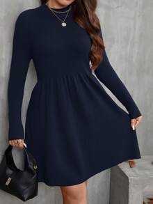 SHEIN Clasi Plus Size Solid Color Knit Casual Dress, Autumn/Winter - Royal Blue - View 5