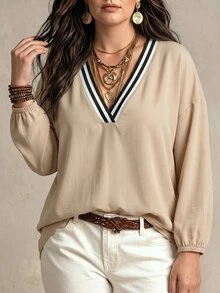 NostaNoir Women's Autumn/Winter New Hot-Selling Colorblock Striped Webbing Patchwork Layered V-Neck Casual Versatile Plus Size Shirt - Khaki - View 5
