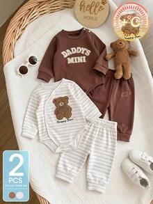 SHEIN 2件組新生兒嬰兒連身衣套裝，可愛棕色與白色泰迪熊毛絨貼布條紋字母長袖圓領常規款，適合假日秋季舒適穿著 - 棕色 - 查看 3