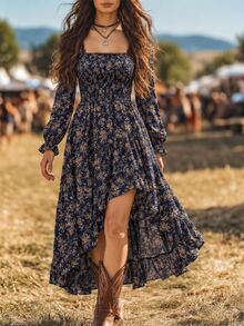SHEIN Autumn/Winter Ditsy Ditsy Floral Square Neck Shirred Bust Asymmetrical Ruffle Hem Bohemian Country Boho Women's Long Dress Concert Vacation - Navy Blue - View 1