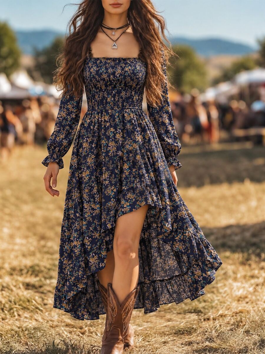 SHEIN Autumn/Winter Ditsy Ditsy Floral Square Neck Shirred Bust Asymmetrical Ruffle Hem Bohemian Country Boho Women's Long Dress Concert Vacation - Navy Blue - View 1