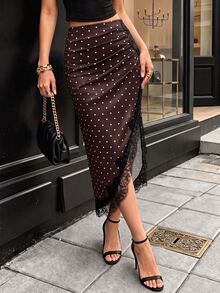 Modelyn Women's Lace Patchwork Asymmetrical Hem Elegant Skirt For Commute, Party And Casual Wear Polka Dots Fall/Winter - Brown - View 2