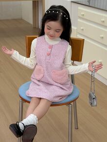 DAZY Young Girl Tweed Heart Button Dress - Pink - View 2