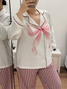 Napfluff CURVE Napfluff CURVE Plus Size Plus Size Bow Print Lapel Long Sleeve Pajama Set - Multicolor - View 4