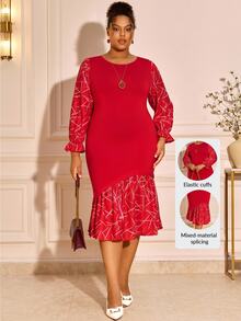BrightlyHer Plus Size Red Ruffle Asymmetrical Ruffle Trim Round Neck Long Sleeve Dress Elegant Formal Fall Winter 2026 Christmas Party Evening - Red - View 2
