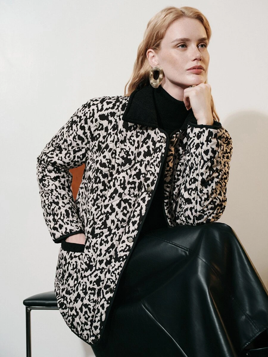 Aveloria Modichic Women's Jacket Loose Straight Quilted Diamond Stitch Lapel Pockets Modern Beige Black Leopard Print Fall Clothes For Women Halloween - Multicolor - View 1