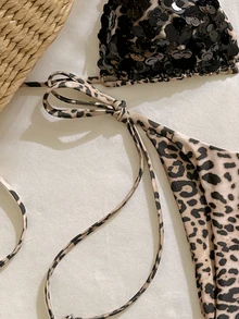 SHEIN Swim 女款 2 件式比基尼泳衣套裝，特殊紋理亮片面料，側綁帶泳褲，夏季海灘泳裝 - 黑色 - 查看 4