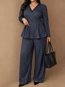 Juhart Plus Size Women's Striped V-Neck Long Sleeve Top And Pants Casual Daily 2 Pieces Set - Navy Blue - View 3