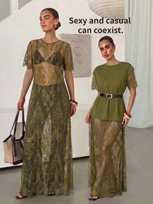 Lavishia 女款圓領短袖透視蕾絲洋裝，蕾絲刺繡透視拍照造型裙，黑色花卉，日常優雅派對夜店女裝 - 軍綠色 - 查看 1