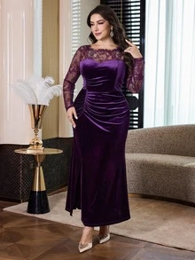 Feyla Women's Plus Size Elegant Lace Side Slit Dress - Purple - View 3