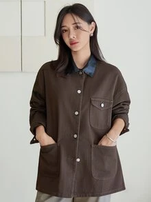 Dazy-Less Women's Brown Washed Loose Fit Short Denim Jacket With Turn-Down Collar, Button And Pocket Decor, Long Sleeve, Autumn - Brown - View 7