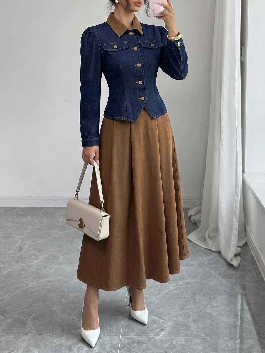Elenzga 女款單排扣撞色長袖夾克與裙子休閒牛仔套裝 - 藍色 - 查看 1