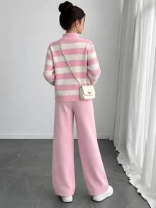 Teenage Knit Striped Colorblock Pink Cardigan With Embroidery And Double Zipper, Knit Pants 2-Piece Set, Travel & College Style - Pink - View 2