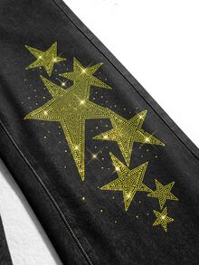 ROMWE MEN Street Life Celana Jeans Denim Pria Berbahan Logam Tebal dengan Hiasan Bintang Lima Titik dan Rhinestone, Nyaman, Kasual, dan Serbaguna. - Hitam - View 2
