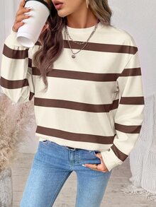 SHEIN LUNE 女款條紋圓領落肩長袖休閒寬鬆衛衣 - 白色 - 查看 4