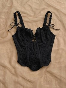 Soleia Women's Hollow Embroidery Front Tie Fashionable Camisole - Black - View 5
