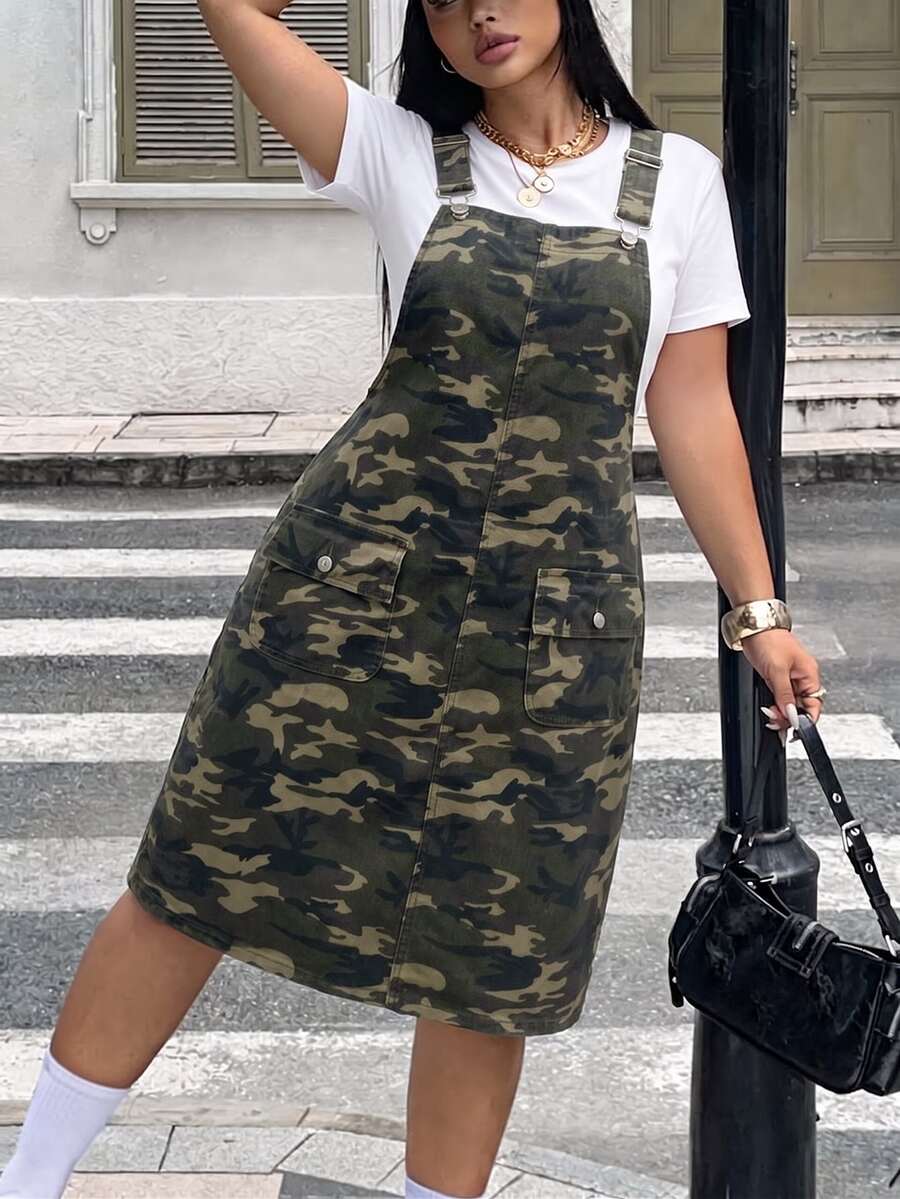 Rivivi Plus Size Women's Camouflage Casual Versatile Washed Denim Overall Dress - Multicolor - View 1