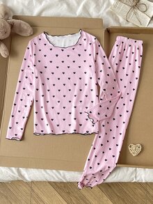 SHEIN Tween女孩休閒居家甜美粉黑愛心印花對比飾邊長袖T恤與直筒寬腿褲2件套 秋冬穿搭 隨機2件 - 藕粉色 - 查看 2