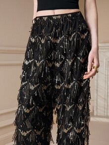 Arave Women's Mesh Embroidery Sequin High Waist Straight Leg Diamond Grid Tassel Embroidery Sequin Design Elegant Date Long Pants - Black - View 4
