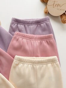SHEIN 2件組女嬰休閒運動衫褲套裝，甜美粉紫色奶油色，蝴蝶結刺繡，長袖圓領，常規款，肩部鈕扣，適合派對、冬季與秋季 - 彩色 - 查看 7