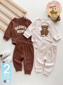 SHEIN 2件組新生兒嬰兒連身衣套裝，可愛棕色與白色泰迪熊毛絨貼布條紋字母長袖圓領常規款，適合假日秋季舒適穿著 - 棕色 - 查看 5