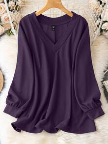 EMERY ROSE Plus Size Solid Color Casual Long Sleeve T-Shirt, Suitable For Spring And Autumn Fall Cloth For Women - Purple - View 1