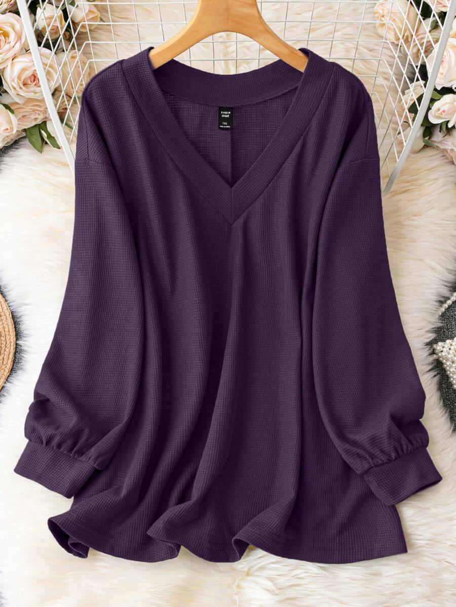 EMERY ROSE Plus Size Solid Color Casual Long Sleeve T-Shirt, Suitable For Spring And Autumn Fall Cloth For Women - Purple - View 1