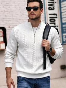 Manfinity Homme تي شيرت رجالي كاجوال مضلع برقبة عالية للربيع والخريف - أبيض - مشاهدة 3
