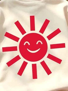 (1套) 嬰兒女童秋冬休閒可愛卡通太陽紅與洋紅色條紋圓領衛衣搭配寬腿褲 - 彩色 - 查看 5