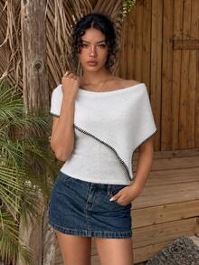Sunnyshic Contrast Color Trim 2 In 1 Knit Top, Atmospheric Off-Shoulder Shawl Cover-Up + Cropped Sleeveless Camisole Layering Top - White - View 3