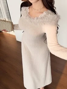 Feyla Women's Solid Color Contrast Lace Faux Pearl Decor Elegant Long Dress - Apricot - View 7