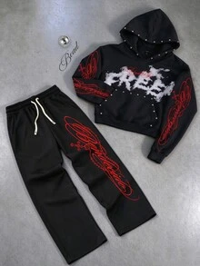 ROMWE MEN 2026 New Graphic Print Hoodie Sweatshirt Set, Thick Streetwear Style For Men, Autumn/Winter - Black - View 3