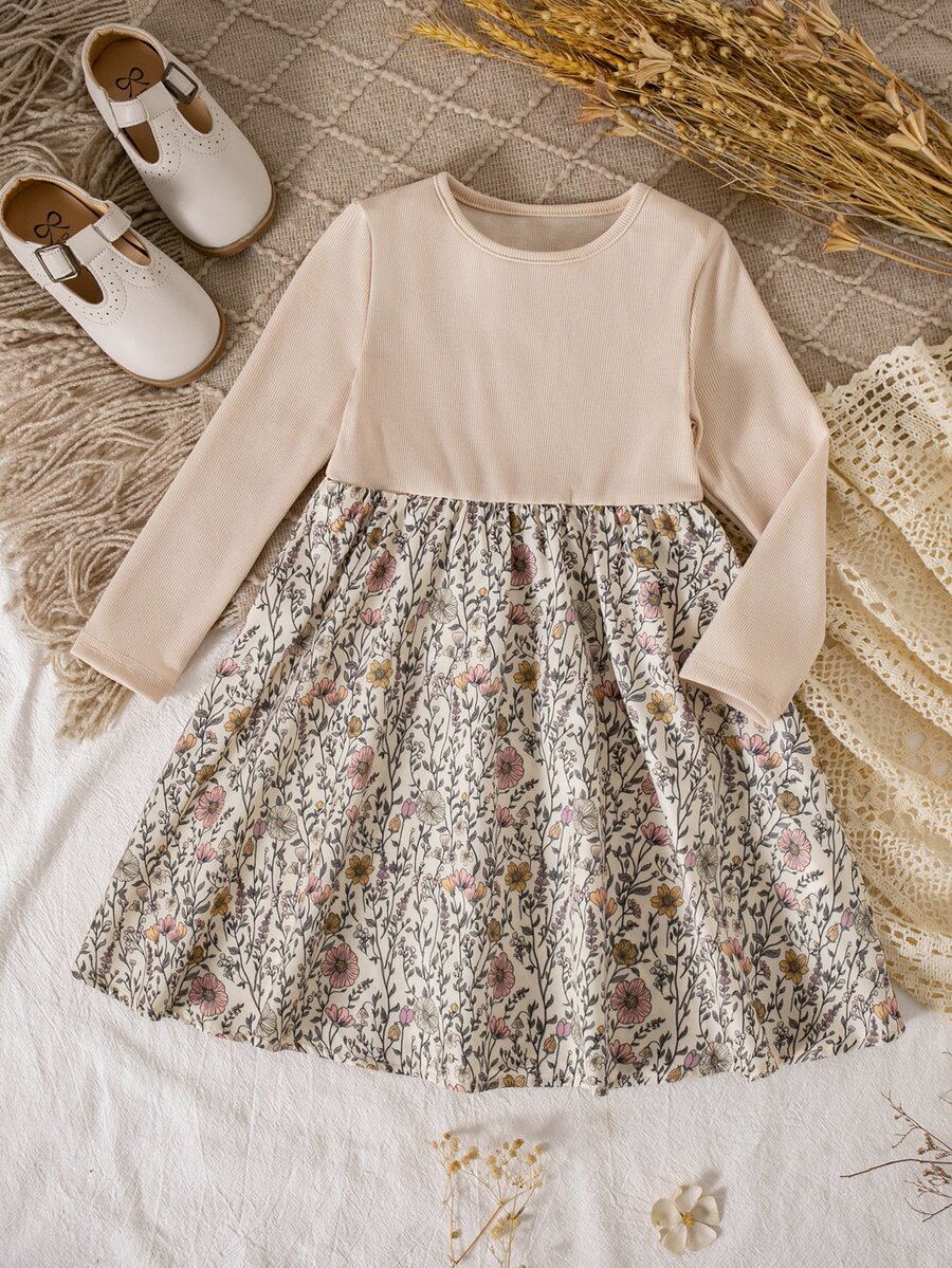 Young Girl Vacation Patchwork Floral Pattern Round Neck Long Sleeve Casual Dress - Multicolor - View 1