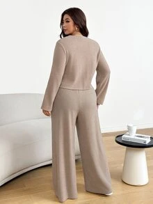 Shapeblank Plus Size Solid Color Single-Breasted Long Sleeve Top And Pants Casual Daily 2 Pieces Set - Khaki - View 2