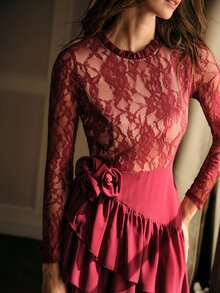 MOTF PREMIUM WOMEN'S LACE PATCHWORK 3D FLORAL DECOR CASUAL PARTY LONG DRESS - Burgundy - View 4