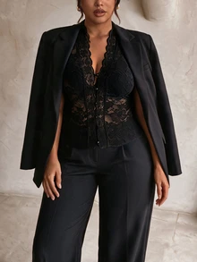 Firerie Plus Size Women Lace Patchwork Sexy Versatile Top - Black - View 5