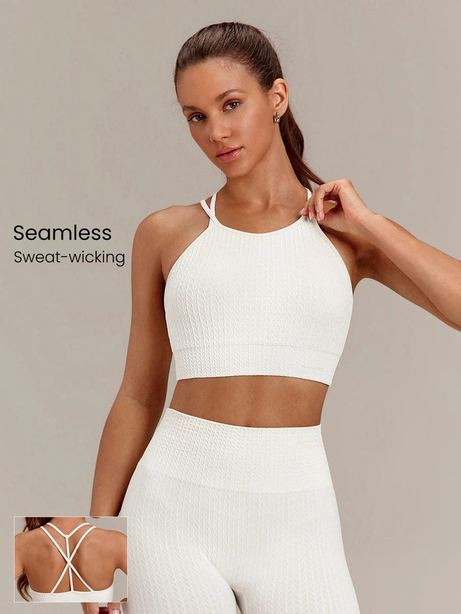 GLOWMODE Áo tank crop không đường may họa tiết Summer State Of Mind, thiết kế dây chéo lưng, có cúp ngực tháo rời, đồ tập yoga pilates studio cường độ thấp - trắng - Xem 1