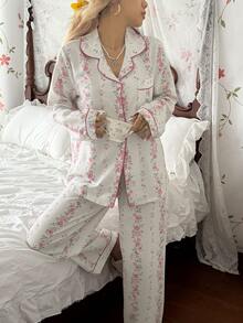 CottageSlumber Bubble Crinkle Chain Floral Print Lapel Long Sleeve Pants Pajama Set - White - View 5
