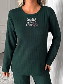 SHEIN Women Rooted In Him Floral Slogan Crew Neck Long Sleeve Soft Ribbed Top And Matching Pants Casual Relaxed Fit 2 Pieces Pajama Set - Dark Green - View 5