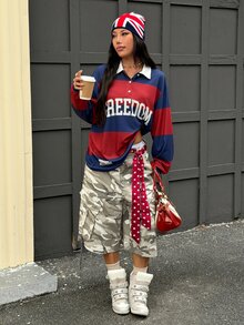Coolane 男女款冬季街頭風休閒外出紅色條紋圖案運動休閒寬鬆長袖 Polo T恤，情侶同款 - 紅色 - 查看 6