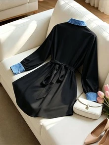 SHEIN Clasi 大尺碼女款休閒長袖純色拼接丹寧效果數位印花前綁帶襯衫，適合秋冬、度假、外出、通勤及各種場合 - 黑色 - 查看 2