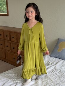 Dazy Kids 女童純色蝴蝶結裝飾長袖居家休閒連身裙 秋季 - 綠色 - 查看 8