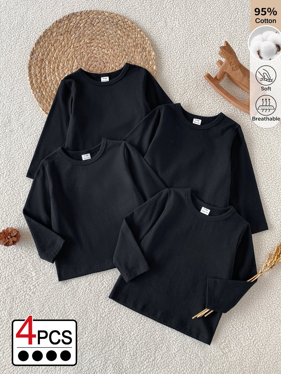 SHEIN Vintaside Kids 男嬰多件套裝,純黑色圓領長袖T恤,適合春秋季節。休閒極簡風,舒適百搭。簡潔優雅,無過多裝飾,展現低調質感。針織面料,適中厚度。可單穿,秋季可作底層,冬季可作內搭。適合上學、戶外玩耍、運動及日常穿著 - 黑色 - 查看 1
